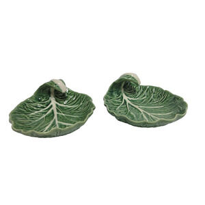 2 Bordallo Pinheiro Cabbage Green Bon Bon Footed Dish 7" Set Vintage Circa 1998
